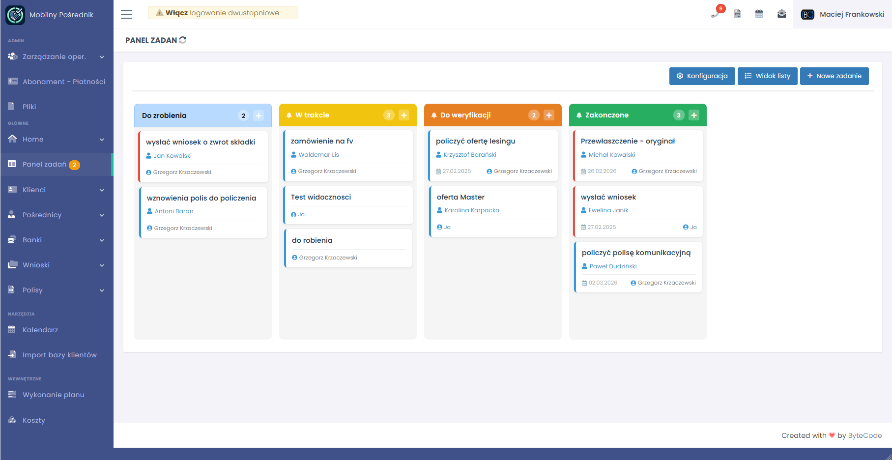 Ekran: Moduł do zarządzania zadaniami w stylu Kanban 